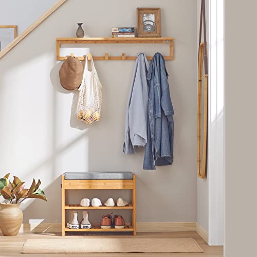 SoBuy Shoe Rack Bamboo Shoe Bench with Seat Cushion, 2-Tier Wooden Shoe Cabinet Organizer with Storage Drawer and Lift Up Top for Hallway and Bedroom, Natural, 55x30x46cm, FSR49-N