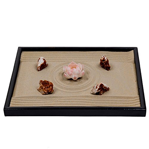 ICNBUYS Zen Garden Pink Ceramics Lotus Special 4 pieces of Red White Stones Dark Ochre Sand and Free Rakes and Pushing Sand Pen Base Tray Dimensions 10 x 0.4 x 7 inches