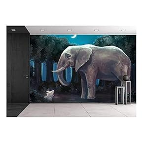 Illustration - Cartoon Illustration of White Rabbit Bunny is Talking with a Sad Elephant in The Forest Night Scene - Removable Wall Mural | Self-Adhesive Large Wallpaper - 66x96 inches