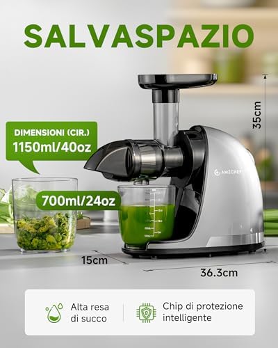 Estrattore Frutta e Verdura - Estrattore a Freddo Pofessionale - Masticazione Delicata Non C'è Bisogno Di Filtrare - Estrattore Di Succo Senza BPA con Due Tazze e Pennello - Argento
