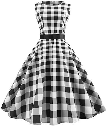 Women Dress Daoroka Ladies Plaid Retro Vintage Sleeveless Cocktail Party Swing Pleated Skirt Casual O-Neck Dress (2XL, Gray)