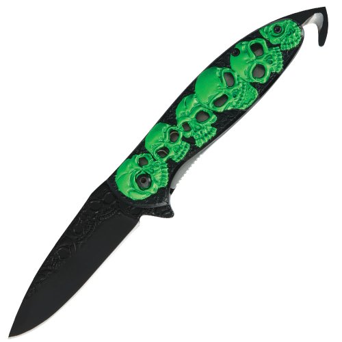 United Cutlery BV197 Black Legion Assisted Open Pocket Knife with Hook, Neon Skull
