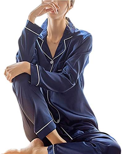 doublelovely Womens Silk Satin Pajamas Set Long Sleeve Sleepwear Pijama Suit Female Two Piece Set Plus Size