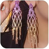 Octwine Women Silver Purple Statement Rhinestone Long Earrings Sparkly Tassels Rhinestones Chandelier Dangle Drop Earrings Bridal Wedding Party Prom Earrings Teardrop Dangle Earrings for Women