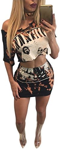 Womens Sexy 2 PCS Hip Hop Punk Printed Crop Tops Shirts Bodycon Skirts Party Clubwear Dress Set (S, printed)