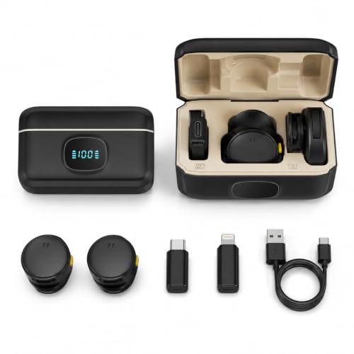 Microfone de Lapela Sem Fio com Estojo de Carregamento, 2 Microfones, USB-C e Lightning, Redução de Ruído ENC, Plug and Play, 20m de Alcance para iPhone, Android, Notebook, Tablet e Câmera