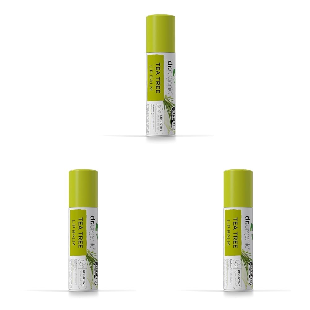 Dr Organic Tea Tree Lip Balm, Moisturising, SPF 15, Mens, Womens, Natural, Vegetarian, Cruelty-Free, Paraben & SLS-Free, Recycled & Recyclable, Organic, 5.7ml, Packaging may vary (Pack of 3)