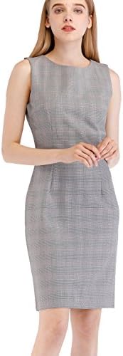 Lefancy Women's Summer Sleeveless O-Neck Plaid Office Work Sheath Dress (XXL, Grey)