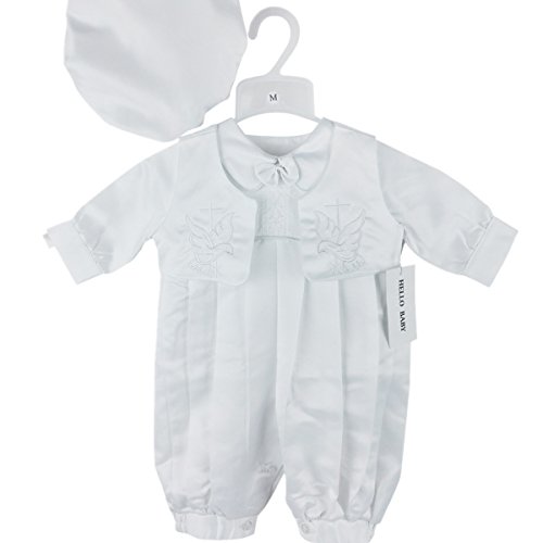White Baby Boys Baptism Christening Romper with Cap
