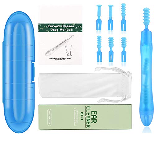 Spiral Ear Cleaner Loop Ear Wax Removal Silicone Head Picker Tool Kit 6pcs Curette Medical Storage Box Safe Care for Kid and Adult(Blue)