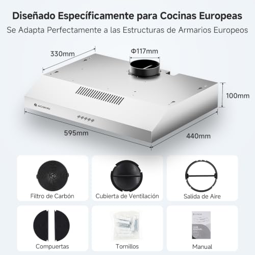 AAOBOSI A++ Campana Extractora 60 cm, 3 Niveles de Potencia, 230m³/h Extractor Cocina, Filtro de Carbón, Iluminación LED, Acero Inox Silver