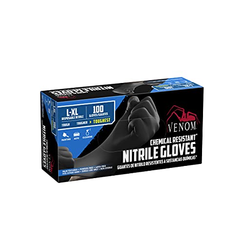 Venom ChemicalResistant Disposable Nitrile Gloves, Black, Size Large/X