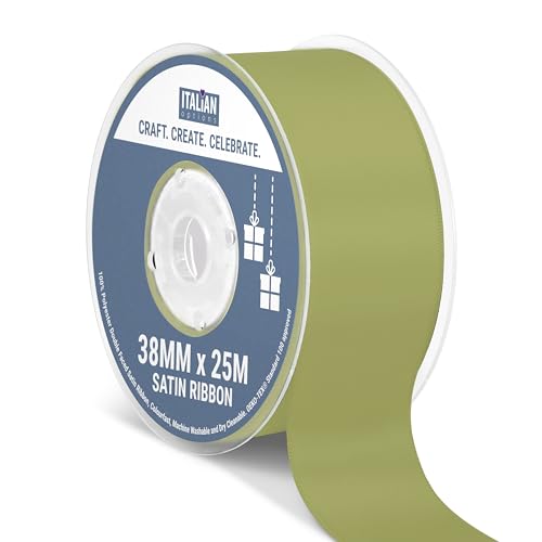 Italian Options Satin Ribbon, Fabric Ribbons for Gift Wrapping, Crafting, Balloons, Wedding Car, Presents, Cake, Christmas, Birthday, Gift Wrap Accessories, 38mm Wide x 25 Metre Roll, Moss Green
