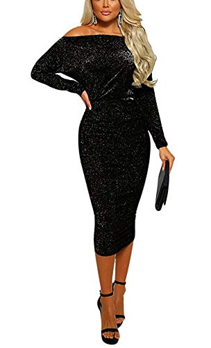 Women Semi Formal Dresses -Off The Shoulder Diamond Lady Ruched Bodycon Midi Evening Party Dress Black