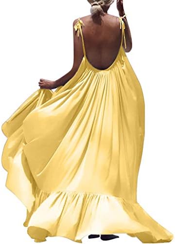 Women Boho Maxi Solid Sleeveless Long Backless Dress- Sexy Spaghetti Strap Backless Ruffle Bodycon Evening Mermaid Maxi Dress