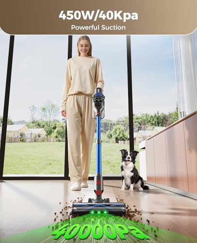 Cordless Vacuum Cleaner, 450W 40KPA Vacuum Cleaners for Home, 45Mins Lightweight Self-Standing Stick Vacuum with Advance Green Light, Rechargeable Battery Vac for Carpet, Pet Hair, Hardwood Floor-Blue