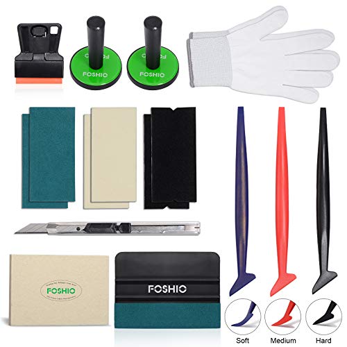 FOSHIO Vehicle Vinyl Wrap Window Tinting Film Tool Kit with Mini Plastic Scraper, Wool Squeegee, Vinyl Cutter, Magnet Holder, Gloves,3 Kinds of Squeegee Felts and Flexible Micro Contoured Squeegee