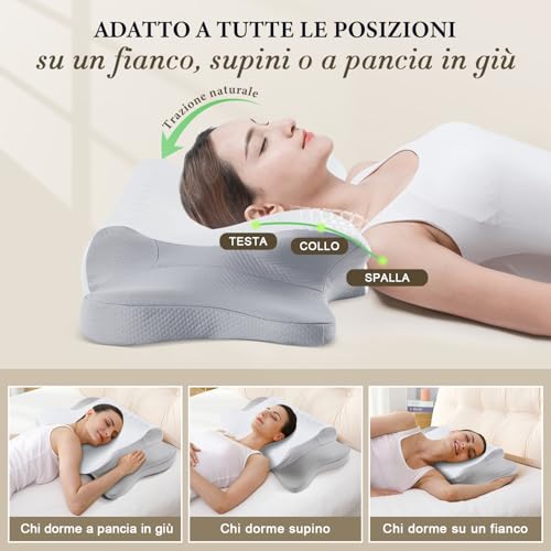 KOOTETA Cuscino Cervicale Memory Foam, Cuscino Ortopedico per Dormire con Supporto per Collo e Spalle, Doppia Altezza 10/13 cm, Federa Traspirante Sfoderabile Lavabile, 64x39 cm, Grigio Chiaro
