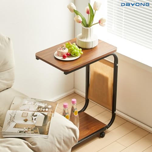 DAYONG C Shaped End Table,Movable Side Table Coffee Table Sofa Table with Wheels and Storage Bag for Small Space, Living Room, Bedroom, Bedside(40 * 38.5 * 62cm)