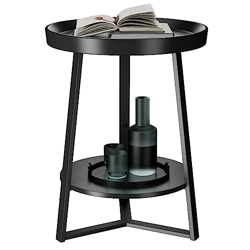 Gadroad Round End Table with Storage Shelf, 2 Tier Farmhouse Circle Side Table Nightstand Sofa Table for Living Room, Bedroom, Wood Tabletop & Black Metal Frame (15.7 * 15.7 * 23inches, Black)