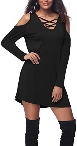 Bauihr Women's Long Sleeve V-Neck Casual Loose T-Shirt Dress Black Large