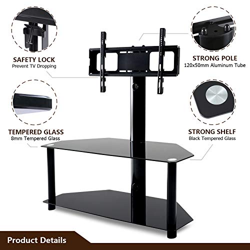 5Rcom Universal Floor TV Stand with Swivel Mount and Height Adjustable for 32"-65" Vizio/Samsung/TCL/LG Flat Panel and Curved Screen TVs, 2 Tier Tempered Glass Shelves for Media Storage, Black
