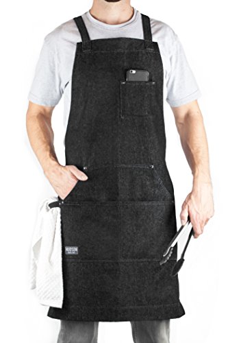 Hudson Durable Goods - Denim Apron for Chef, Kitchen, BBQ, and Grill (Black) with Towel Loop + Tool Pockets + Quick Release Buckle, Adjustable M to XXL