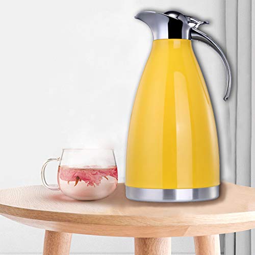 BonNoces 68 Oz Thermal Carafe/Coffee Carafe - 2L Stainless Steel Double Wall Vacuum Insulated Thermos Pot - Metal Lid and Handle, Food Grade Silicone (Yellow)