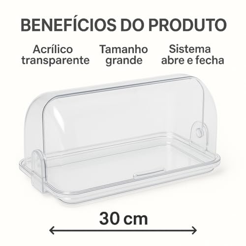 Porta Pão Acrílico 30 cm Basculante Premium – Grande, Resistente e Transparente com Tampa Abre e Fecha