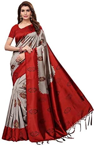 Partywear Art Silk Kalamkari and Bhagalpuri Style Women's Saree with Blouse Piece Red Free Size -SHILPA RED