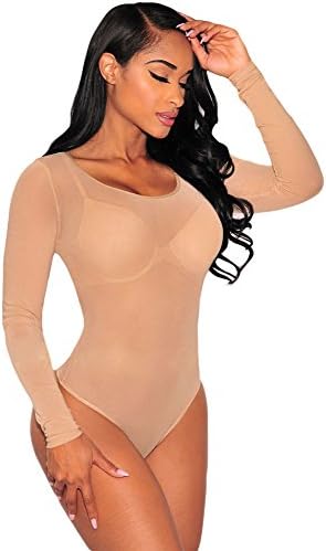 Dear Exquisite Womens Sexy Long Sleeve Sheer Mesh Bodysuit Nude