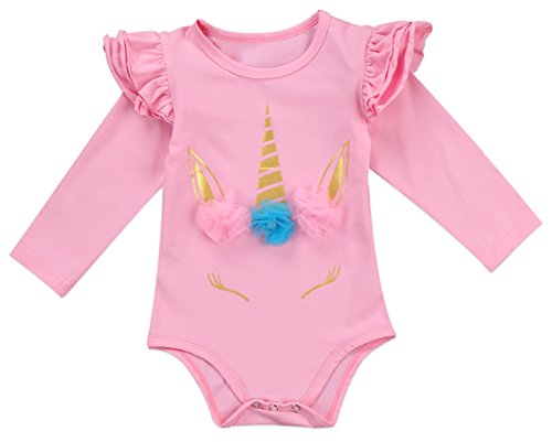 stylesilove Infant Baby Girl Unicorn 3D Ruffle Shoulder Long Sleeve Cotton Bodysuit (80/6-12 Months, Pink)