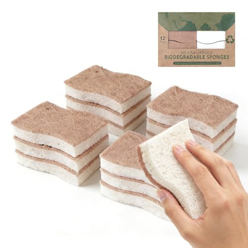 JDF3CISH 12PCS Esponja para Trastes - Fibras para Trastes Naturales, Doble Cara Ecológica, Antirayaduras y Secado Rápido, Ideal para Cocina
