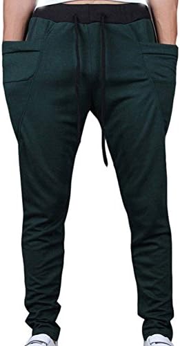 TOP HERE Men's Drop Crotch Funnel Pockets Drawstring Harem Pants Casual Jogging Sweatpants Running Trousers Small Blackish Green