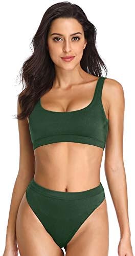 Dixperfect Two Pieces Bikini Sets Swimsuit Sports Style Low Scoop Crop Top High Waisted High Cut Cheeky Bottom