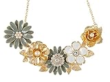 Alilang Flower Rhinestone Pearl Statement Bib Necklace Gold Tone Gray Yellow Enamel