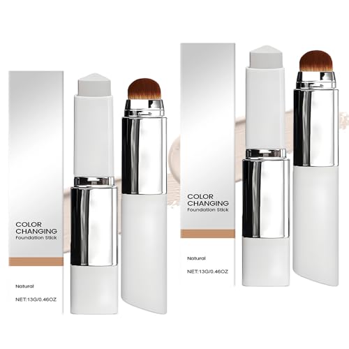 2 Stück Color Changing Foundation Stick, 2 in 1 Foundation Stick mit Bürste, Full to Medium Coverage Base für Makelloses Makeup, Long-Lasting, Hydratisierend Für Alle Hauttypen, Dunkle Haut