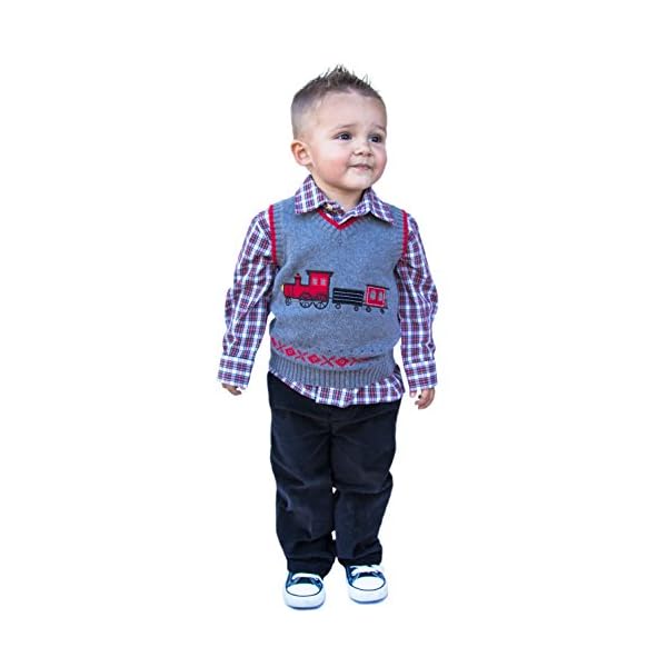 Good Lad Infant Boys Three Piece Grey Train Appliqued Sweater Set - Image 3