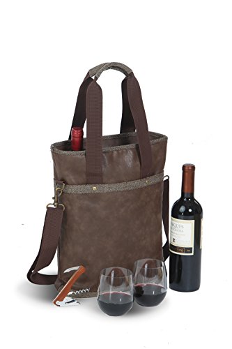 Omega Double Bottle Bag Espresso - Vegan Leather Double Bottle Wine Bag With Stemless Wine Goblets.