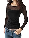 Allegra K Women Long Sleeves Scoop Neck Mesh Panel Top Black L