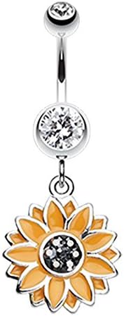 FreshTrends Clear Beach Sunflower 316L Stainless Steel Dangle Belly Ring