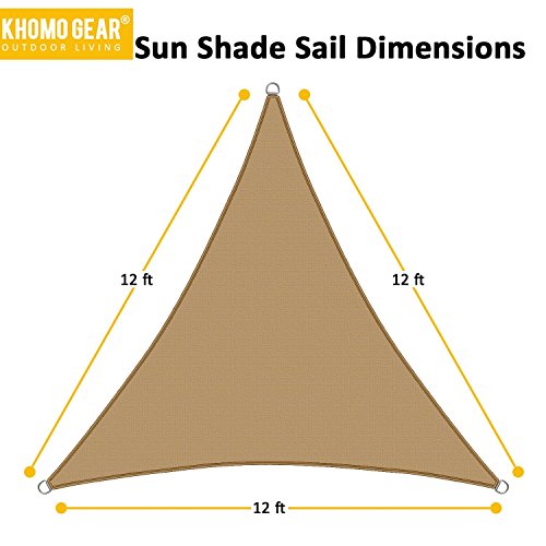 KHOMO GEAR Triangle Sun Shade Sail 12 x 12 x 12 Ft UV Block Fabric - Beige Tan