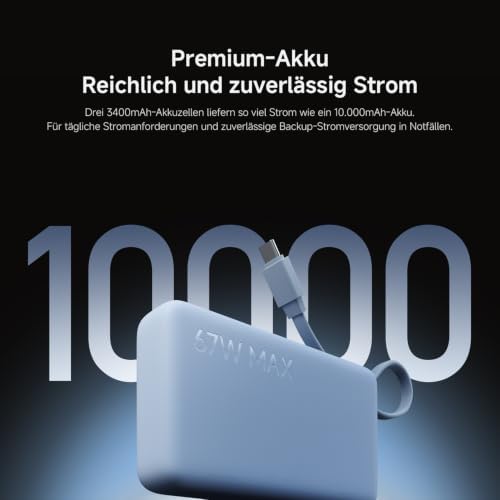 22.5W Power Bank mit Integriertem Kabel - 10000mAh, Schnellladefunktion, lädt 3 Geräte gleichzeitig, flugtauglich, in 4.5 Stunden aufgeladen - praktisch und kompakt, Blau