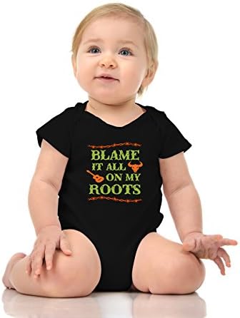 FNB Fashion Blame IT ON My Roots - Funny Country Baby Romper Onesie Unisex Warpped and Protected with A Clear Poly Bag (12-18 Months, Black)