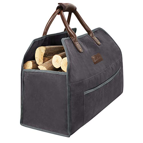 Sunflora Firewood Carrier Tote Bag with Extra Thick Padded Handle for Easy Carrying, Large Water Resistant Log Carrier with Front Pocket for Accessories for Camping, Fireplace Wood Stove (Dark Gray)