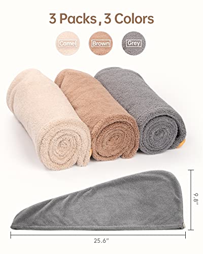 YFONG Microfiber Hair Towel 3 Pack, Hair Towel with Button, Super Absorbent Hair Towel Wrap for Curly Hair, Fast Drying Hair Turban Towel for Women, Anti Frizz Microfiber Towel