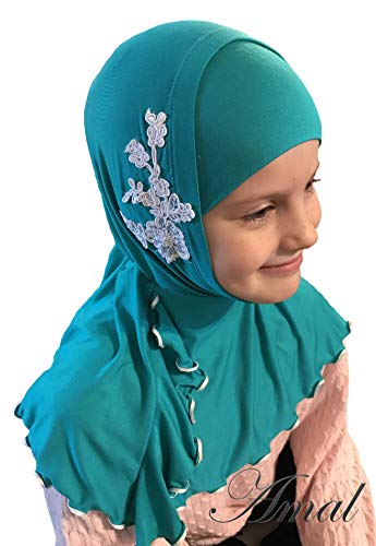 Children Girls Kid Muslim Hijab Islamic Scarf Headwear for 2-12 Years Cotton USA (Turquoise & White)