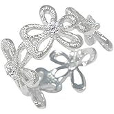 Brushed CZ Daisy Flower Statement Ring for Women Silver Plated Dainty Adjustable Expandable Cherry Blossom Open Wrap Finger Rings Comfort Fit Elegant Wedding Engagement Party Jewelry Gift