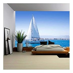 Sailboat Sailing in Mediterranean Sea in Denia Blue Mediterranean - Removable Wall Mural | Self-Adhesive Large Wallpaper - 66x96 inches