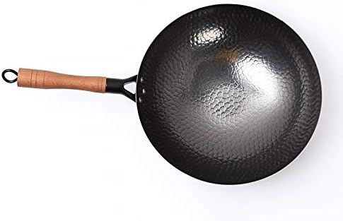 China Traditional Blacksmith Hand Forged Wok with Log Lid, 12inch Uncoated Iron Wok Pan Household Kitchen Cookware, No Fumes, Non-Stick Pan